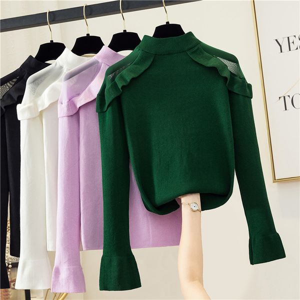 2021 sweet green/purple knitted pullovers autumn winter flare long sleeve ruffle mesh patchwork sweater casual slim knit 0jsx, White;black
2021 sweet green/purple knitted pullovers autumn winter flare long sleeve ruffle mesh patchwork sweater casual slim knit 0jsx, White;black
