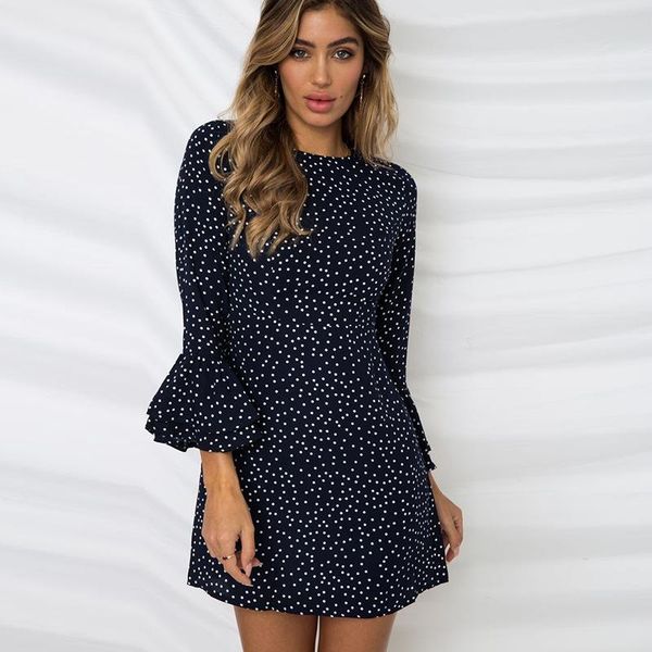 casual dresses european and american style elegant polka dot mini woman spring summer flare sleeve chiffon lady, Black;gray
casual dresses european and american style elegant polka dot mini woman spring summer flare sleeve chiffon lady, Black;gray