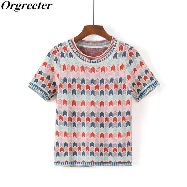 knitted pullovers for women summer o-neck short sleeve colorful geometry plaid thin sweater blusas mujer 210602, White
knitted pullovers for women summer o-neck short sleeve colorful geometry plaid thin sweater blusas mujer 210602, White