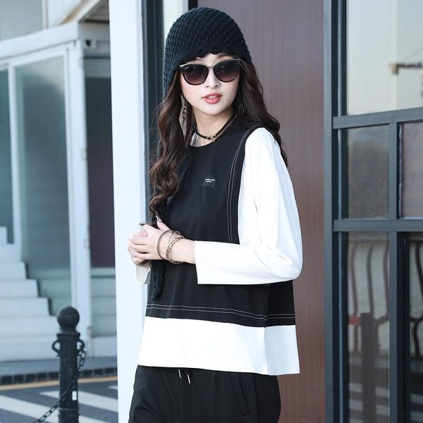 women's t-shirt black patchwork women 2021 spring fake two piece long sleeve stitching color loose c379, White
women's t-shirt black patchwork women 2021 spring fake two piece long sleeve stitching color loose c379, White