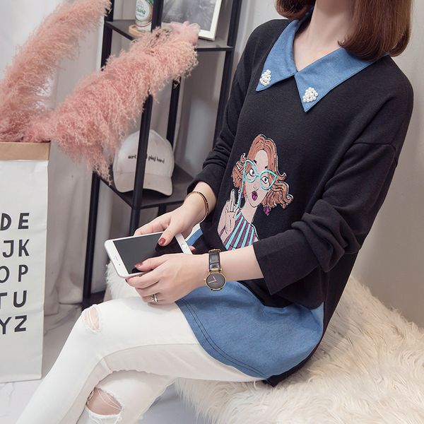 Plus Female Size Spring Demin Shredded Korean Shirt Feminine Top Frizzy Girl Sequins with Long Sleeves Fake Two-piece Blouse 4qw3, Black;gray
Plus Female Size Spring Demin Shredded Korean Shirt Feminine Top Frizzy Girl Sequins with Long Sleeves Fake Two-piece Blouse 4qw3, Black;gray