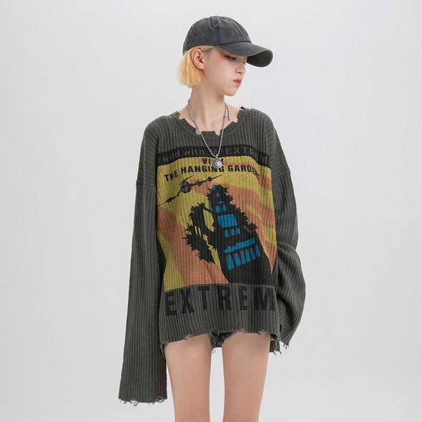 women's sweaters autumn and winter product street high broken rotten drop loose printed couple sweater, White;black
women's sweaters autumn and winter product street high broken rotten drop loose printed couple sweater, White;black
