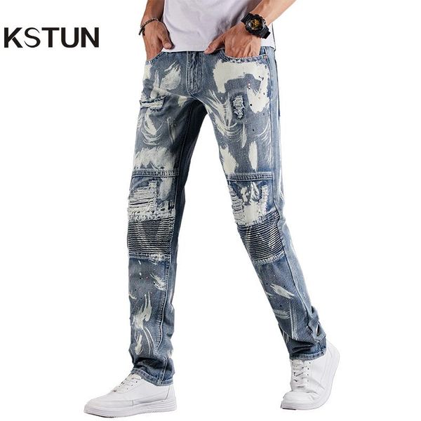 men's jeans moto for men ripped slim straight with print paiting distressed hip-hop casual pants full length trousers pleated cowboys, Blue
men's jeans moto for men ripped slim straight with print paiting distressed hip-hop casual pants full length trousers pleated cowboys, Blue