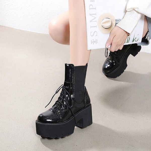 boots winter autumn women patent leather lace up ankle high heels elastic band chunky platform heel ladies snow shoes ymb327, Black
boots winter autumn women patent leather lace up ankle high heels elastic band chunky platform heel ladies snow shoes ymb327, Black