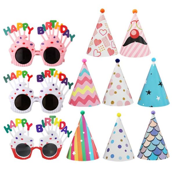party hats and glasses set, cake cone birthday paper with pom poms, novelty
