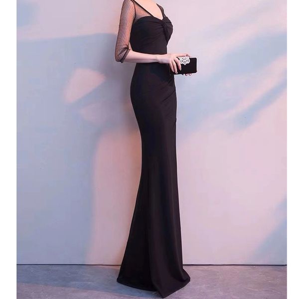 Deep V Neck Sheer Sleeves Sexy Prom Dresses Floor Length Side High Slit Mermaid Evening Dress Robe Satin Longue, Black
Deep V Neck Sheer Sleeves Sexy Prom Dresses Floor Length Side High Slit Mermaid Evening Dress Robe Satin Longue, Black