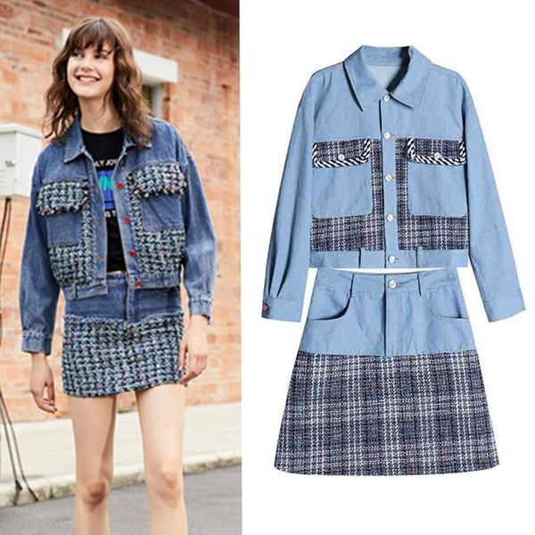 work dresses high street spring autumn women denim coats jackets tweed spliced loose outwear and plaid patchwork skirt suits set ns1002, White;black
work dresses high street spring autumn women denim coats jackets tweed spliced loose outwear and plaid patchwork skirt suits set ns1002, White;black