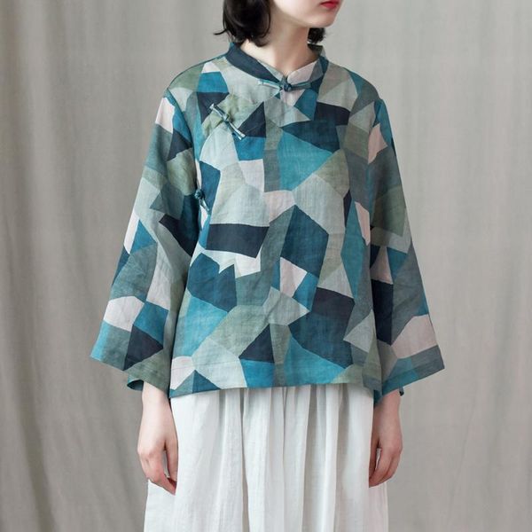 women's blouses & shirts vintage frog buttons color block patchwork print pure ramie blouse, three quarter sleeve cool thin unique retr, White
women's blouses & shirts vintage frog buttons color block patchwork print pure ramie blouse, three quarter sleeve cool thin unique retr, White