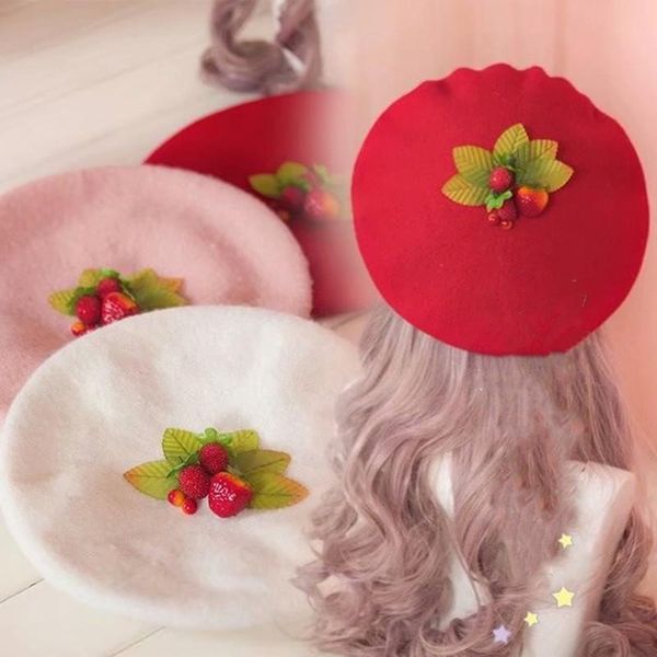 berets sweet strawberry red woolen painter hat japanese style lovely warm shopping flat cap small fresh cute bear, Blue;gray 
berets sweet strawberry red woolen painter hat japanese style lovely warm shopping flat cap small fresh cute bear, Blue;gray