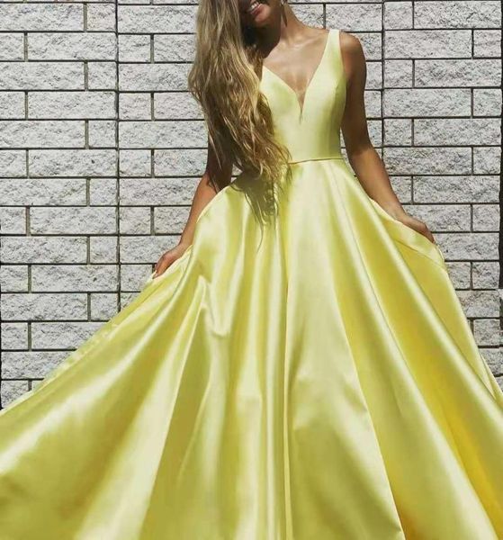 party dresses simple design long v-neck yellow evening with pockets strappy back satin abendkleider robes de soirée for women, White;black
party dresses simple design long v-neck yellow evening with pockets strappy back satin abendkleider robes de soirée for women, White;black