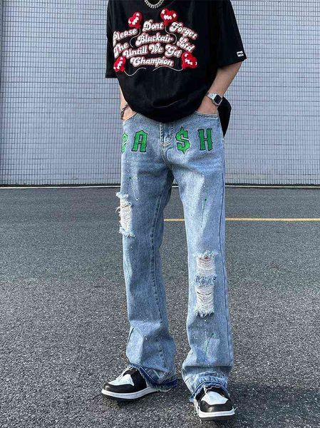 american high street embroidered pierced jeans men's ins street vibe loose straight micro flare pants fashion, Blue
american high street embroidered pierced jeans men's ins street vibe loose straight micro flare pants fashion, Blue