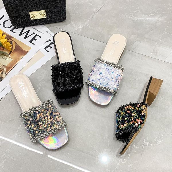 sandals 2021 summer women slipper shoes shiny bling sequin cloth outside low square heels slides fashion lady, Black
sandals 2021 summer women slipper shoes shiny bling sequin cloth outside low square heels slides fashion lady, Black