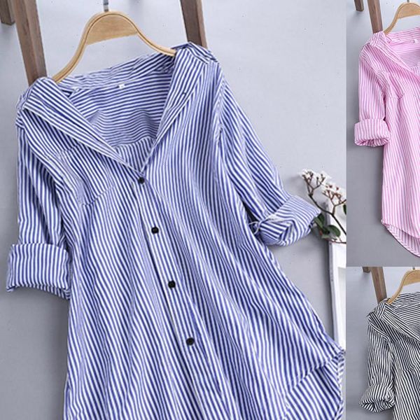 women shirts stripe cotton long sleeve turn down collar pink button loose temperament elegant summer blouse shirts, White 
women shirts stripe cotton long sleeve turn down collar pink button loose temperament elegant summer blouse shirts, White