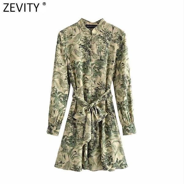 

zevity women vintage green leaves print single breasted casual shirt dress office ladies chic bow tie sashes vestidos ds8318 210603, Black;gray