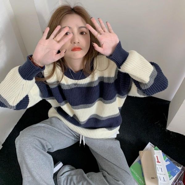 women's sweaters loose pullover stripe sweater spring autumn and winter 2021 design sense idle style knitwear, White;black
women's sweaters loose pullover stripe sweater spring autumn and winter 2021 design sense idle style knitwear, White;black