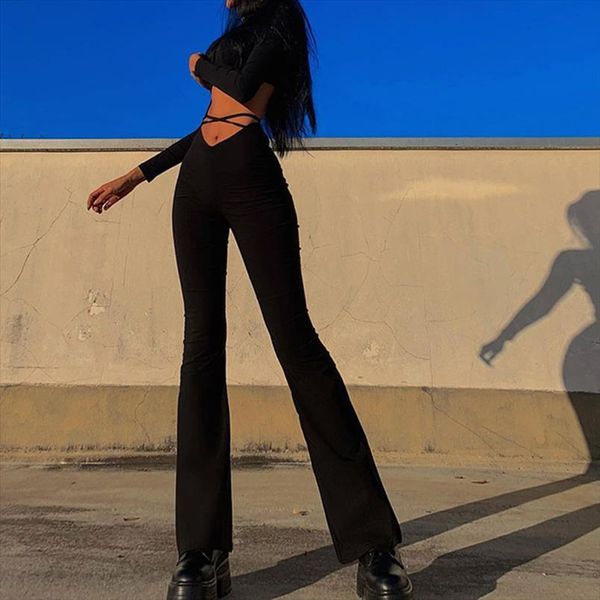 high street leisure fashion women pant trousers waist hollow out bandage slim solid color flared pants female activity, Black;white
high street leisure fashion women pant trousers waist hollow out bandage slim solid color flared pants female activity, Black;white