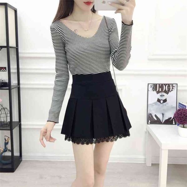 summer korean elastic high waist slim short skirt simple black all-match women a-line pleated 210527