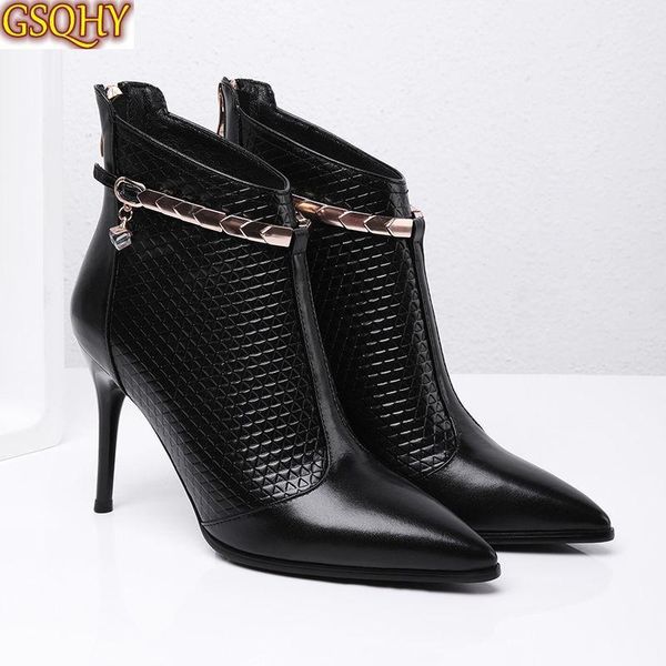 boots women's autumn winter ankle pointed back zipper stiletto high heel fashion, Black