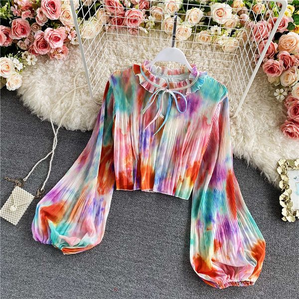 2021 tie-dye pleated chiffon blouse women elegant ruffle collar long sleeve short shirt female draped spring autumn fjrm, Blue
2021 tie-dye pleated chiffon blouse women elegant ruffle collar long sleeve short shirt female draped spring autumn fjrm, Blue