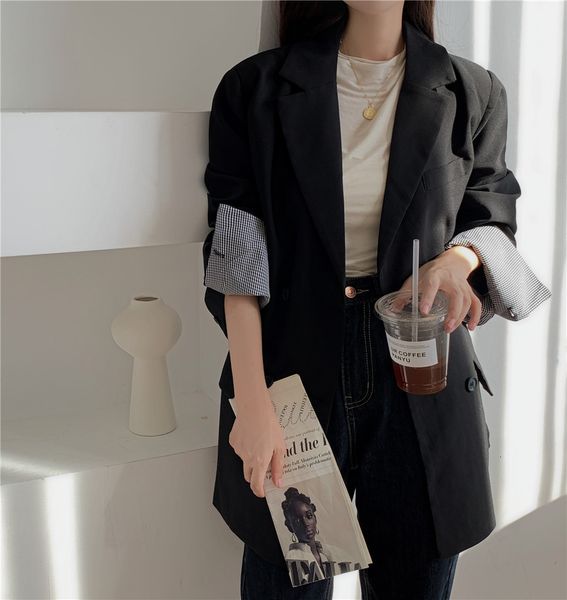 2021 ol fashion plaid stitching blazer women new autumn winter elegant double breasted loose suit coat female blazers a66s, White;black
2021 ol fashion plaid stitching blazer women new autumn winter elegant double breasted loose suit coat female blazers a66s, White;black