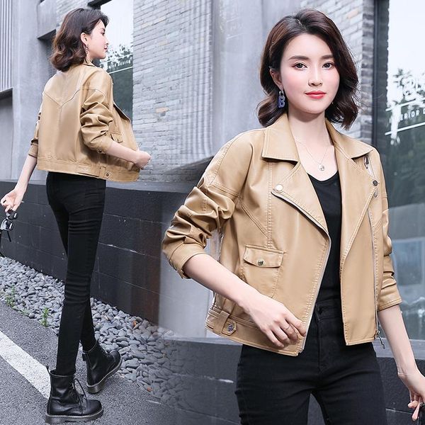 women's leather & faux brown jacket fall 2021 fashionable simple elegant waist slimming casual slim all-match korean style short coat a, Black
women's leather & faux brown jacket fall 2021 fashionable simple elegant waist slimming casual slim all-match korean style short coat a, Black