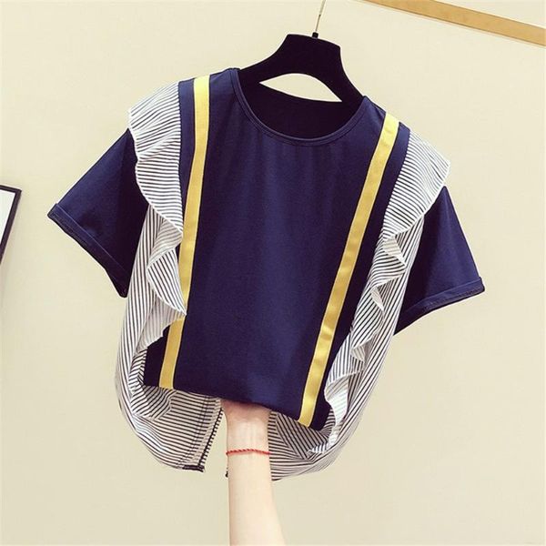 woman summer elegant t-shirt color block ruffles short sleeve office shirts o neck patchwork tees girl shirt top, White
woman summer elegant t-shirt color block ruffles short sleeve office shirts o neck patchwork tees girl shirt top, White