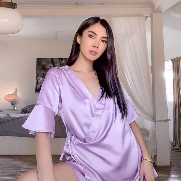 women's sleepwear hiloc ruffle pajama sets robe summer robes woman for home satin pajamas with shorts skirts lace up women nightwear 20, Black;red
women's sleepwear hiloc ruffle pajama sets robe summer robes woman for home satin pajamas with shorts skirts lace up women nightwear 20, Black;red