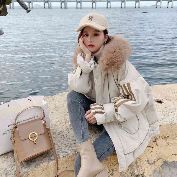 women's down & parkas beige big fur collar hooded contrast color ribbon stitching cotton jacket loose trumpet sleeve small bread q, Black
women's down & parkas beige big fur collar hooded contrast color ribbon stitching cotton jacket loose trumpet sleeve small bread q, Black