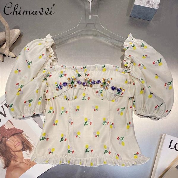 women's blouses & shirts french retro pastoral shirt for women 2021 summer girl colorful crystals slim u-neck blouse puff sleeve floral, White
women's blouses & shirts french retro pastoral shirt for women 2021 summer girl colorful crystals slim u-neck blouse puff sleeve floral, White