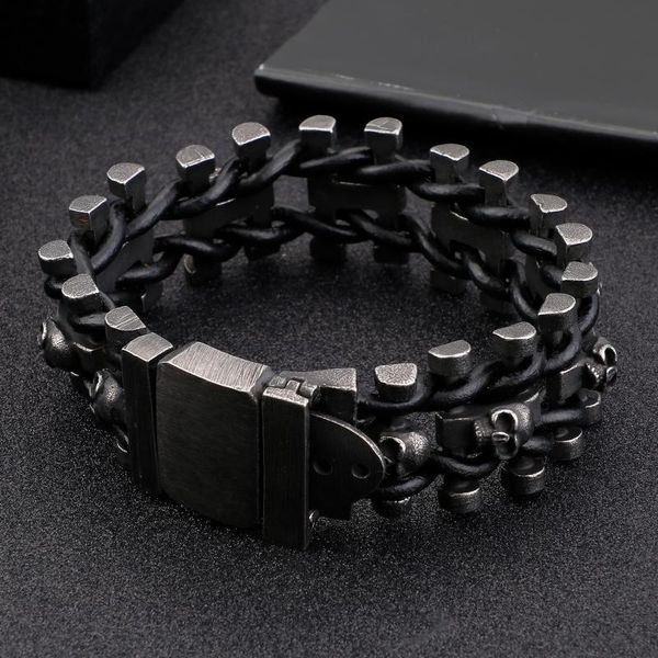 charm bracelets punk link chain stainless steel boiled black skeleton leather woven men's bracelet jewelry accessories, Golden;silver
charm bracelets punk link chain stainless steel boiled black skeleton leather woven men's bracelet jewelry accessories, Golden;silver