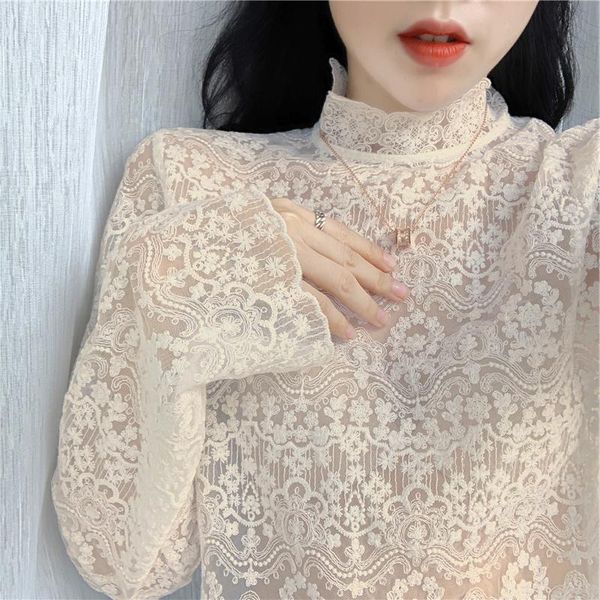 2021 summer new lace women blouse turtleneck flare sleeved solid hollow out lady elegant pulls outwear, White
2021 summer new lace women blouse turtleneck flare sleeved solid hollow out lady elegant pulls outwear, White