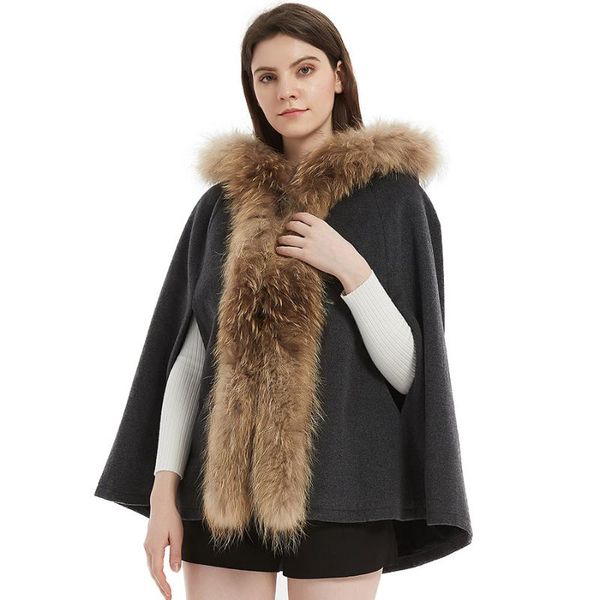 women's fur & faux natural real raccoon collar removable woolen women coat cape outerwear streetwear autumn wool cloak, Black
women's fur & faux natural real raccoon collar removable woolen women coat cape outerwear streetwear autumn wool cloak, Black