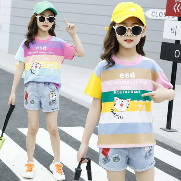 women's summer wear casual 2021 striped t-shirt denim shorts children's two piece set fashion, White
women's summer wear casual 2021 striped t-shirt denim shorts children's two piece set fashion, White