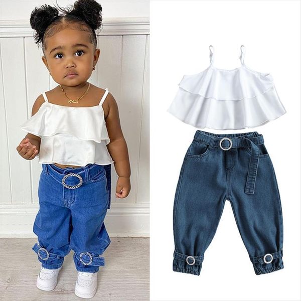 1 6y fashion kids girls clothes sets ruffles strapless vest blue denim pants include belt summer outfits, White
1 6y fashion kids girls clothes sets ruffles strapless vest blue denim pants include belt summer outfits, White