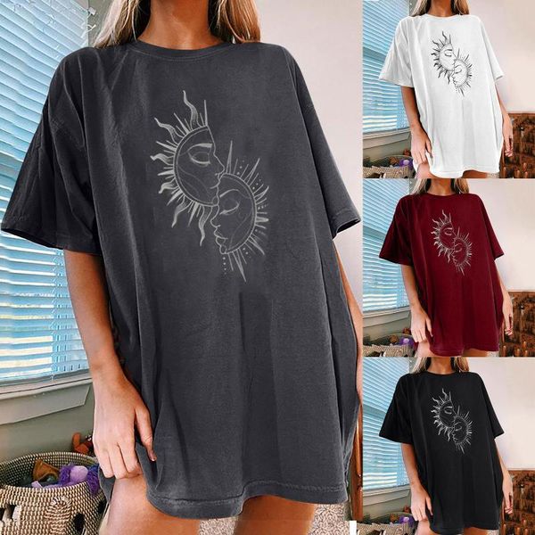 women's t-shirt tshirts vintage sun and moon printed pattern casual short sleeve blouse verano pullover, White
women's t-shirt tshirts vintage sun and moon printed pattern casual short sleeve blouse verano pullover, White
