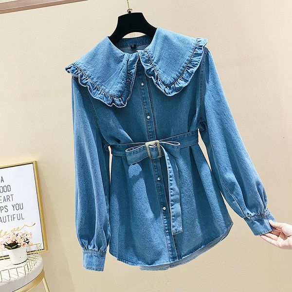 new sweet peter pan collar fashion waist middle length denim shirt 2021 spring women blouse eu4t, White;black
new sweet peter pan collar fashion waist middle length denim shirt 2021 spring women blouse eu4t, White;black
