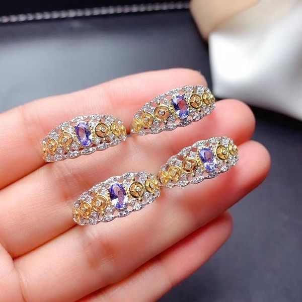 cluster rings weainy natural tanzanite ring s925 sterling silver retro hollow lady fashion high-end gemstone jewelry, Golden;silver