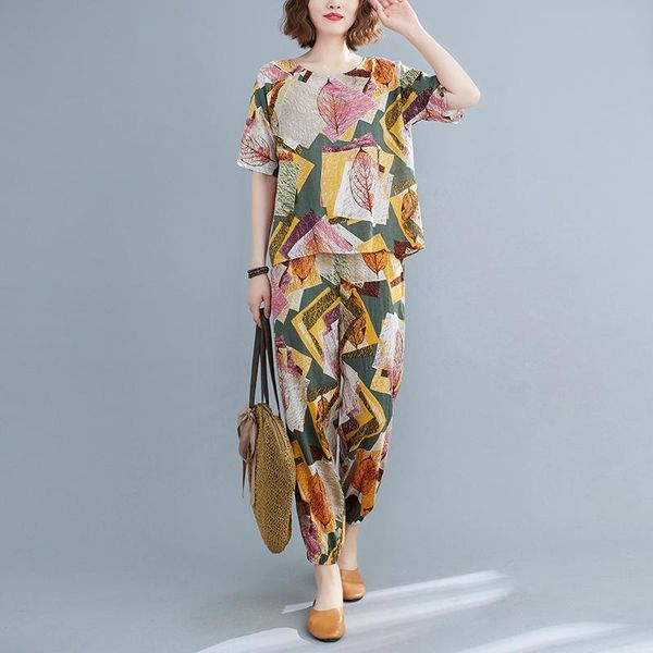 women's two piece pants 2021 arrival fashion women clothes set print leaf cotton linen loose high waist 2 summer casual, White
women's two piece pants 2021 arrival fashion women clothes set print leaf cotton linen loose high waist 2 summer casual, White