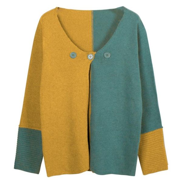women long sleeve knitted cardigan color block v-neck button split sweater coat e56c, White;black
women long sleeve knitted cardigan color block v-neck button split sweater coat e56c, White;black