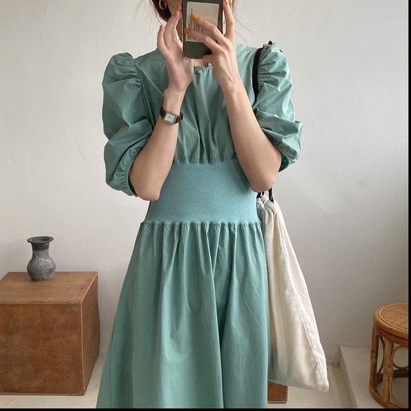 retro elastic waist solid puff sleeves solid 2021 brief slim sweet chic women summer thin mid length dress, Black;gray
retro elastic waist solid puff sleeves solid 2021 brief slim sweet chic women summer thin mid length dress, Black;gray