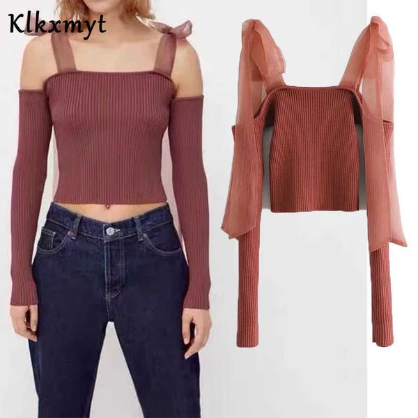 klkxmyt za women fashion splicing shoulder strap cropped knitted sweater vintage long sleeve female pullovers chic 210527, White;black
klkxmyt za women fashion splicing shoulder strap cropped knitted sweater vintage long sleeve female pullovers chic 210527, White;black