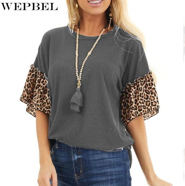 women's t-shirt wepbel casual short flare sleeve o-neck summer fashion leopard print stitching, White