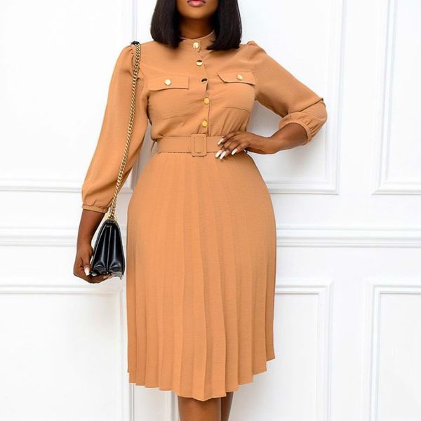 women long sleeve pleated dresses with pockets waist belt a line button up female fashion autumn vestidos black khaki plus size 210302, Black;gray
women long sleeve pleated dresses with pockets waist belt a line button up female fashion autumn vestidos black khaki plus size 210302, Black;gray