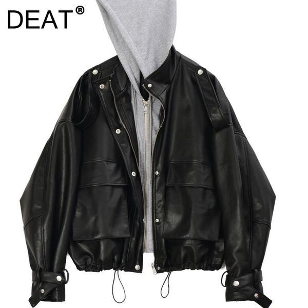 women's leather & faux deat women jacket hooded drawstring contrast color patchwork long sleeve chic fashion autumn winter 2021 11d2223, Black
women's leather & faux deat women jacket hooded drawstring contrast color patchwork long sleeve chic fashion autumn winter 2021 11d2223, Black