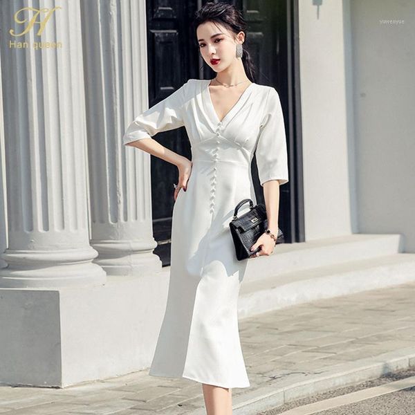 han queen 2021 korean spring women's white v-neck dresses split single breasted mermaid dress elegant simple office vestidos casual, Black;gray
han queen 2021 korean spring women's white v-neck dresses split single breasted mermaid dress elegant simple office vestidos casual, Black;gray