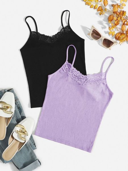 2pcs solid lace trim cami o62u#, White
2pcs solid lace trim cami o62u#, White