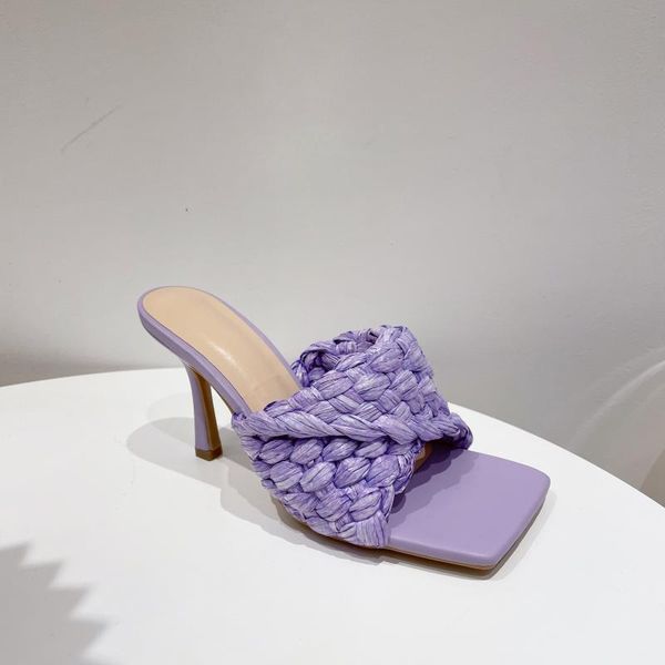 slippers women's 2021 candy color woven stilettos fashion outer wear sandals, Black 
slippers women's 2021 candy color woven stilettos fashion outer wear sandals, Black