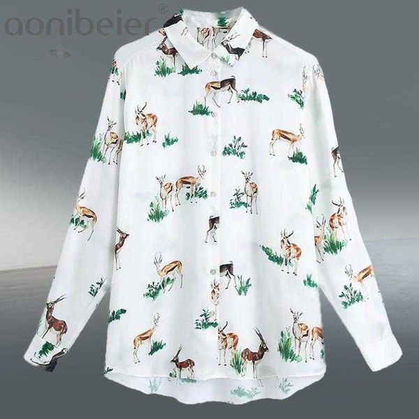 sprint autumn women elegant wild deer white shirts female casual animal print long sleeve loose blouse chic 210604