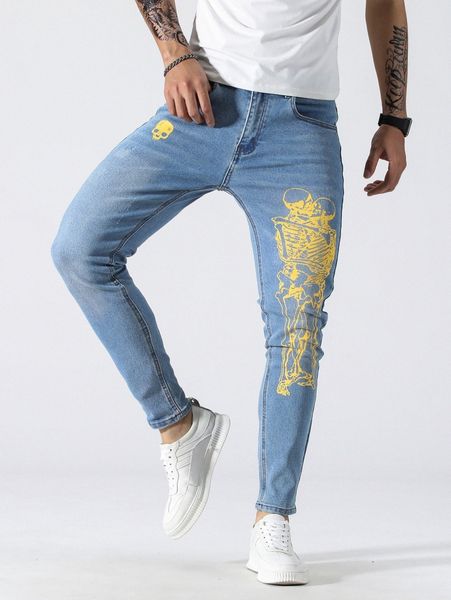 men skeleton print skinny jeans s42u#, Blue