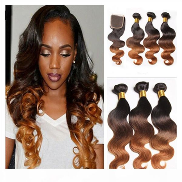 #1b 4 30 medium auburn ombre brazilian virgin human hair 3bundles with closure body wave three tone ombre 4x4 lace closure with weaves, Black 
#1b 4 30 medium auburn ombre brazilian virgin human hair 3bundles with closure body wave three tone ombre 4x4 lace closure with weaves, Black